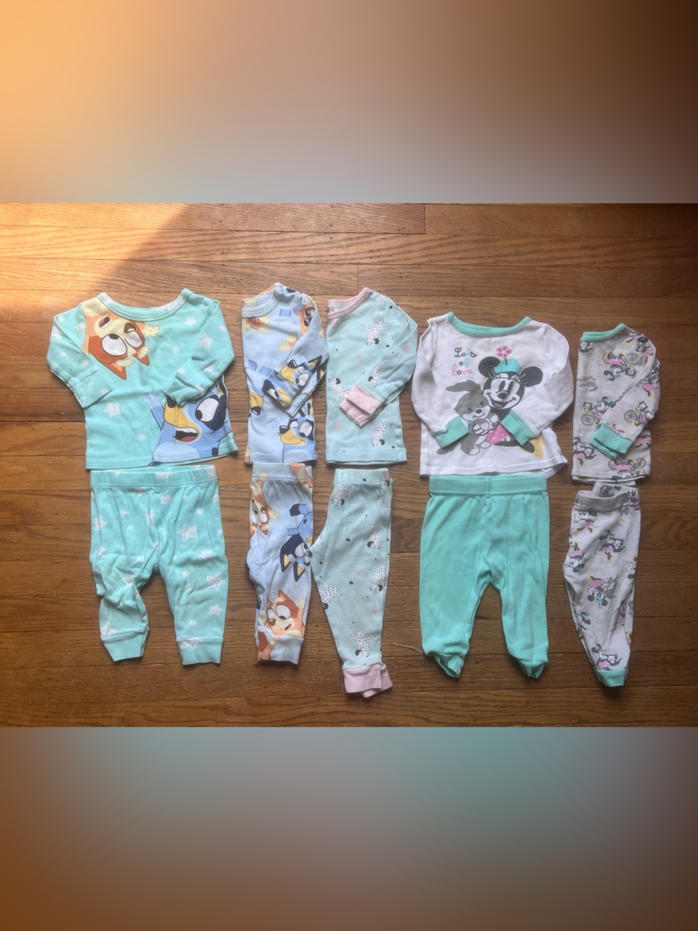 Baby Toddler Pajama Set Bundle - Mint Green & Pastel Bluey, Minnie Mouse and Dog